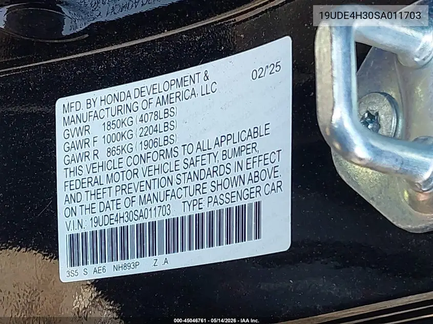 2025 Acura Integra A-Spec VIN: 19UDE4H30SA011703 Lot: 45046761
