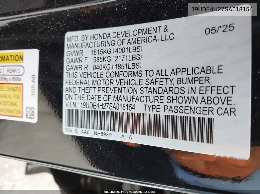 2025 Acura Integra VIN: 19UDE4H27SA018154 Lot: 45529941