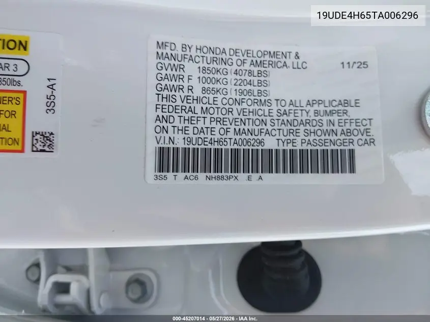 2026 Acura Integra Fwd A-Spec With Technology VIN: 19UDE4H65TA006296 Lot: 45207014