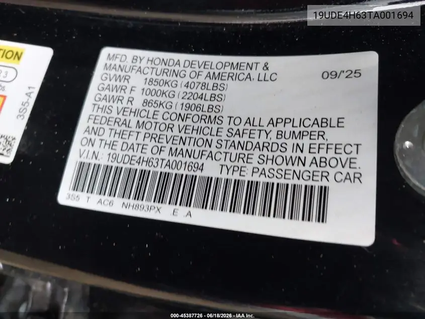 2026 Acura Integra Fwd A-Spec With Technology VIN: 19UDE4H63TA001694 Lot: 45387726