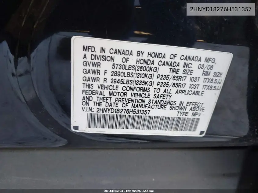 2HNYD18276H531357 2006 Acura Mdx