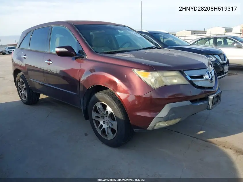 2008 Acura Mdx VIN: 2HNYD28208H519317 Lot: 45178695