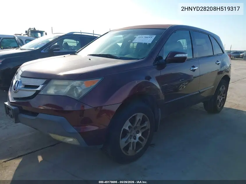 2008 Acura Mdx VIN: 2HNYD28208H519317 Lot: 45178695