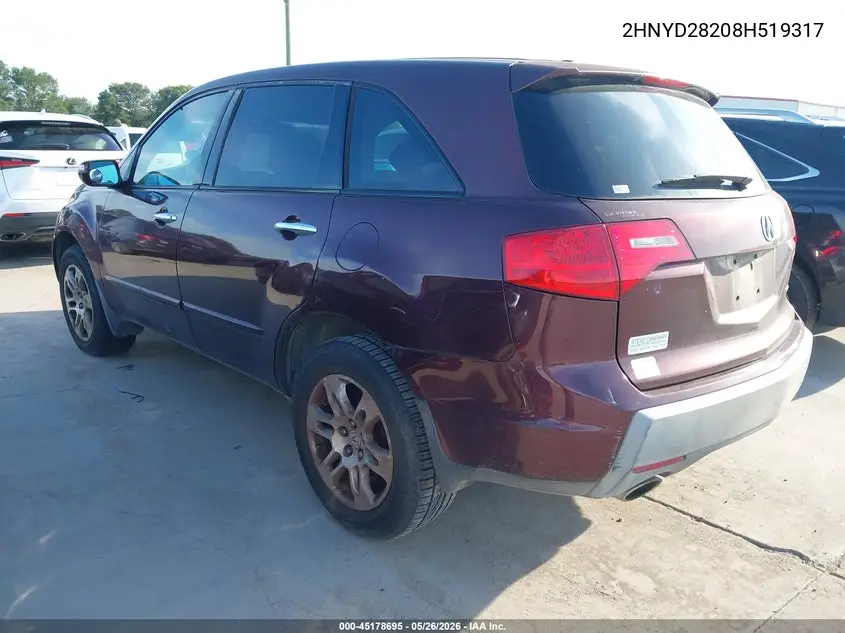 2008 Acura Mdx VIN: 2HNYD28208H519317 Lot: 45178695