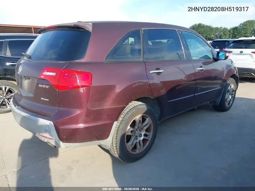 2008 Acura Mdx VIN: 2HNYD28208H519317 Lot: 45178695