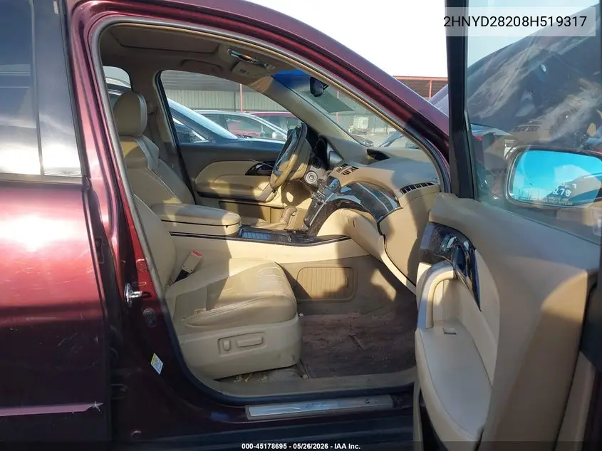 2008 Acura Mdx VIN: 2HNYD28208H519317 Lot: 45178695