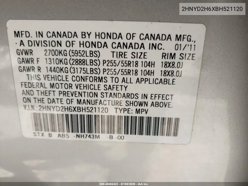 2011 Acura Mdx Technology Package VIN: 2HNYD2H6XBH521120 Lot: 45482422