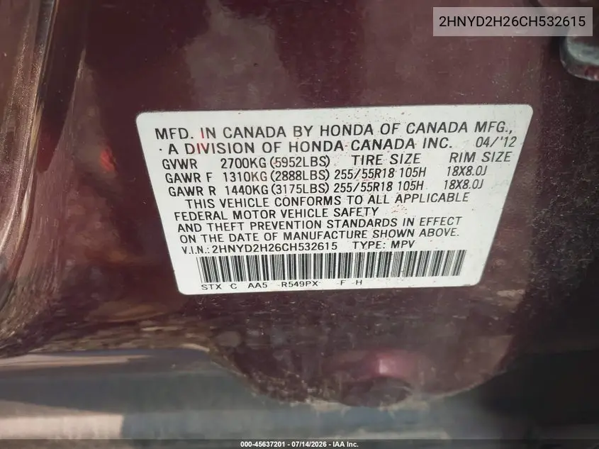 2012 Acura Mdx VIN: 2HNYD2H26CH532615 Lot: 45637201