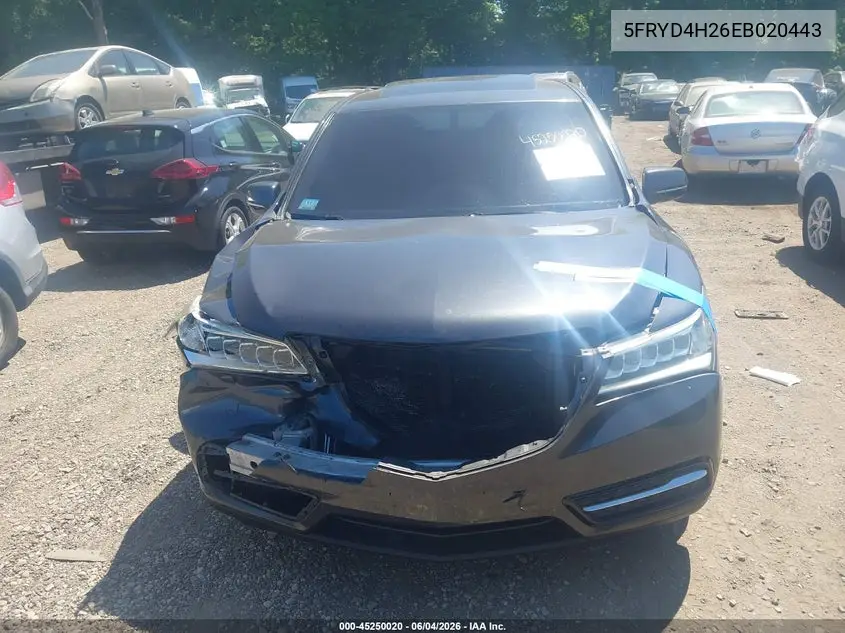 2014 Acura Mdx VIN: 5FRYD4H26EB020443 Lot: 45250020