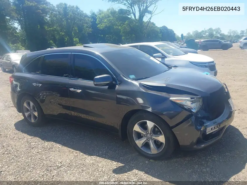 2014 Acura Mdx VIN: 5FRYD4H26EB020443 Lot: 45250020