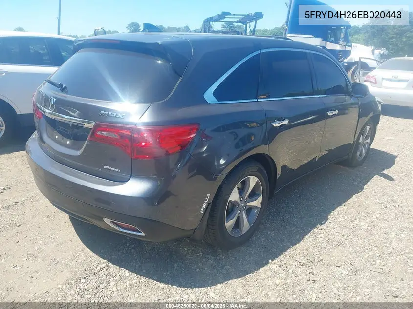 2014 Acura Mdx VIN: 5FRYD4H26EB020443 Lot: 45250020