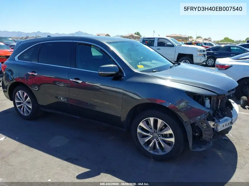 2014 Acura Mdx Technology Package VIN: 5FRYD3H40EB007540 Lot: 45329569