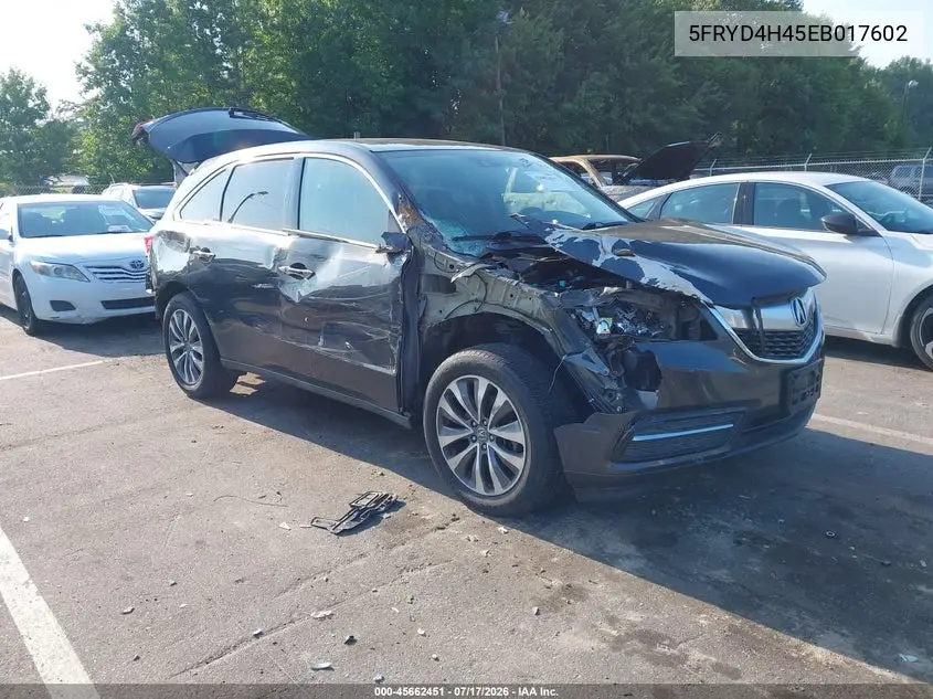 2014 Acura Mdx Technology Package VIN: 5FRYD4H45EB017602 Lot: 45662451