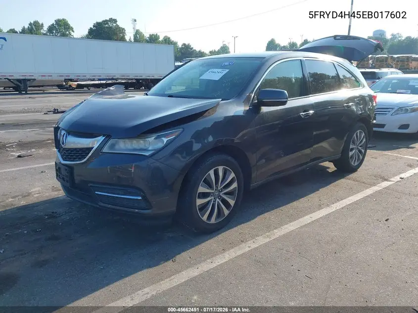 2014 Acura Mdx Technology Package VIN: 5FRYD4H45EB017602 Lot: 45662451