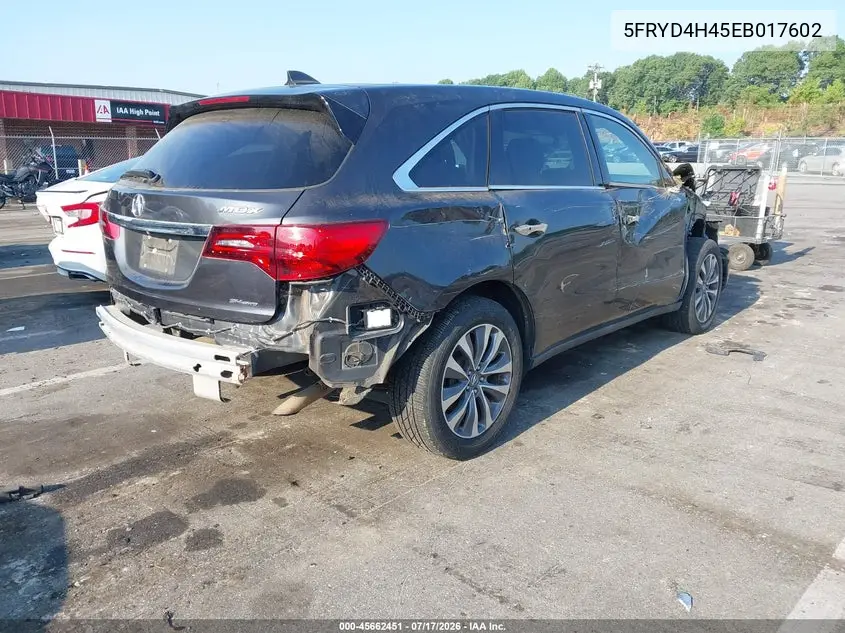 2014 Acura Mdx Technology Package VIN: 5FRYD4H45EB017602 Lot: 45662451