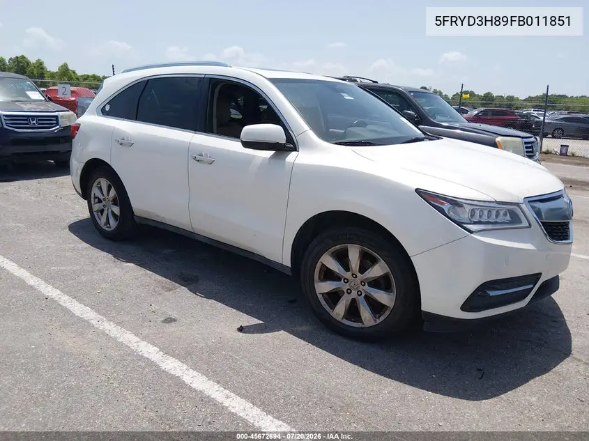 2015 Acura Mdx Advance Pkg W/Entertainment Pkg VIN: 5FRYD3H89FB011851 Lot: 45672694