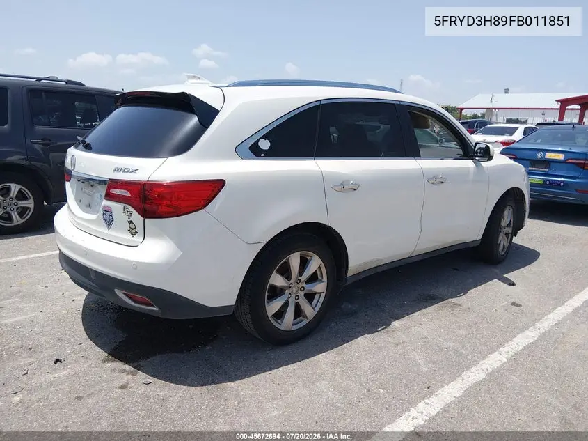 2015 Acura Mdx Advance Pkg W/Entertainment Pkg VIN: 5FRYD3H89FB011851 Lot: 45672694