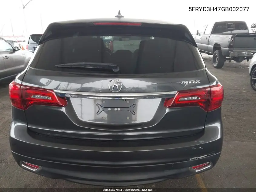 2016 Acura Mdx Technology Acurawatch Plus Packages/Technology Package VIN: 5FRYD3H47GB002077 Lot: 45427964