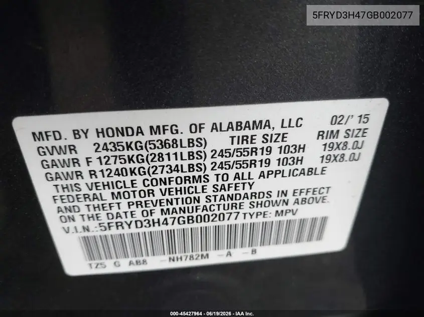 2016 Acura Mdx Technology Acurawatch Plus Packages/Technology Package VIN: 5FRYD3H47GB002077 Lot: 45427964