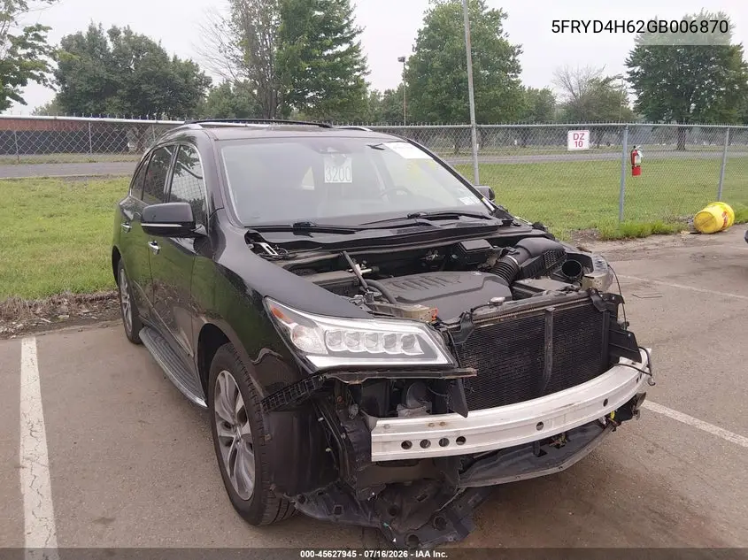 2016 Acura Mdx Technology Entertainment Packages/Technology, Entertainment Acurawatch Plus Packages VIN: 5FRYD4H62GB006870 Lot: 45627945