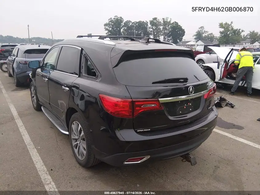 2016 Acura Mdx Technology Entertainment Packages/Technology, Entertainment Acurawatch Plus Packages VIN: 5FRYD4H62GB006870 Lot: 45627945