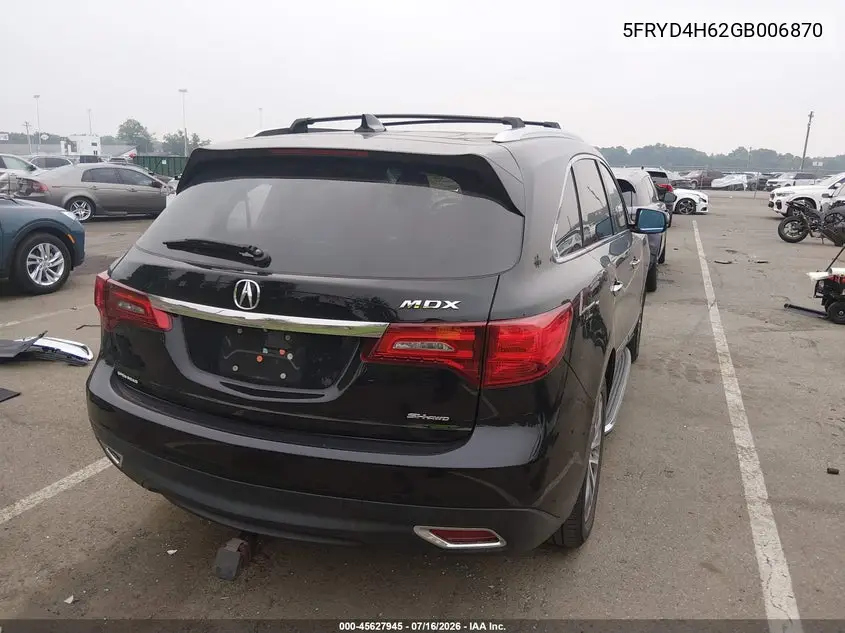 2016 Acura Mdx Technology Entertainment Packages/Technology, Entertainment Acurawatch Plus Packages VIN: 5FRYD4H62GB006870 Lot: 45627945