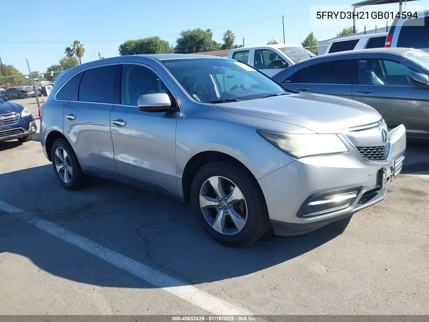 2016 Acura Mdx Acurawatch Plus Package VIN: 5FRYD3H21GB014594 Lot: 45652429