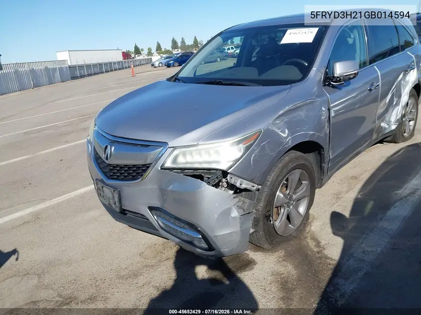 2016 Acura Mdx Acurawatch Plus Package VIN: 5FRYD3H21GB014594 Lot: 45652429
