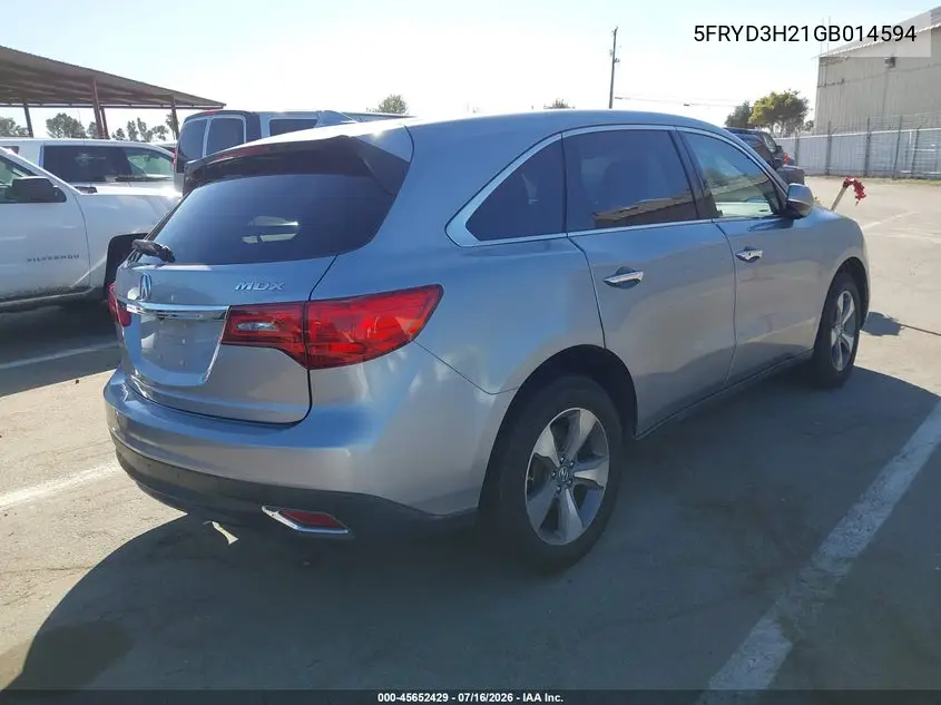 2016 Acura Mdx Acurawatch Plus Package VIN: 5FRYD3H21GB014594 Lot: 45652429