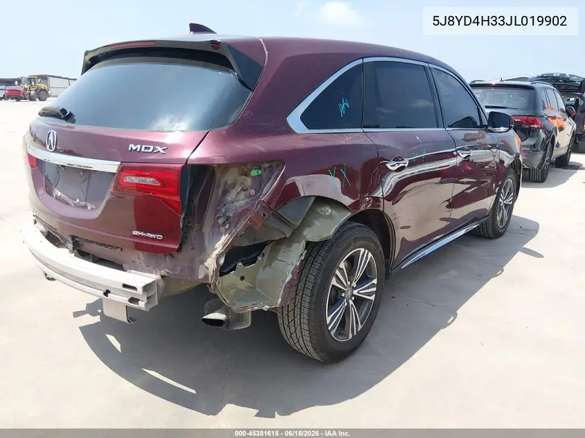 2018 Acura Mdx VIN: 5J8YD4H33JL019902 Lot: 45381615