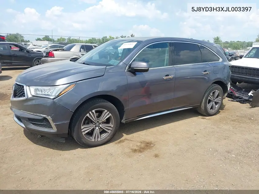 2018 Acura Mdx VIN: 5J8YD3H3XJL003397 Lot: 45655885