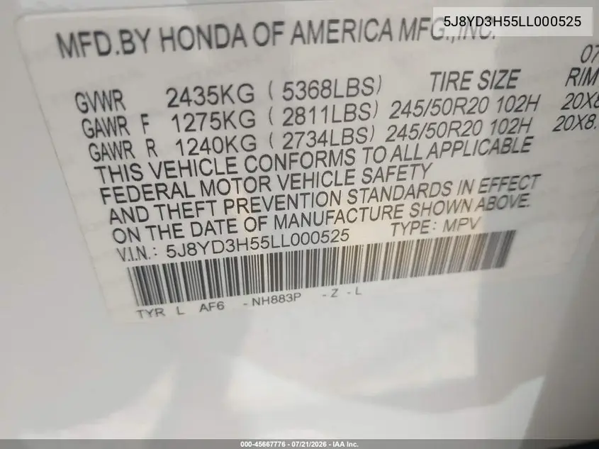 2020 Acura Mdx Technology Package VIN: 5J8YD3H55LL000525 Lot: 45667776
