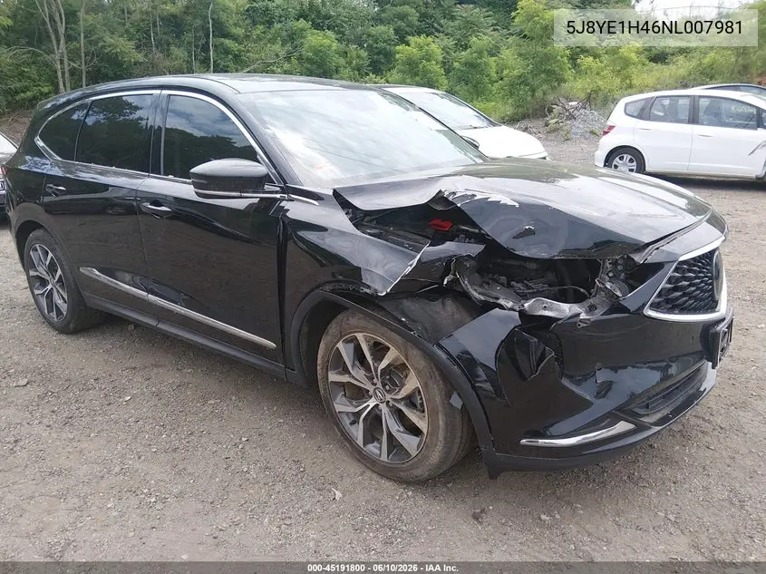 2022 Acura Mdx Technology Package VIN: 5J8YE1H46NL007981 Lot: 45191800