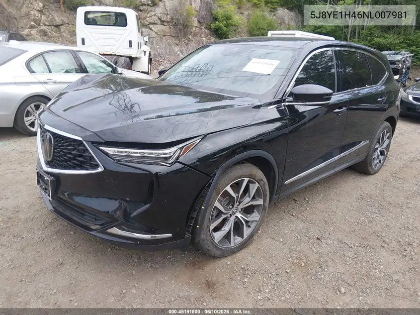 2022 Acura Mdx Technology Package VIN: 5J8YE1H46NL007981 Lot: 45191800