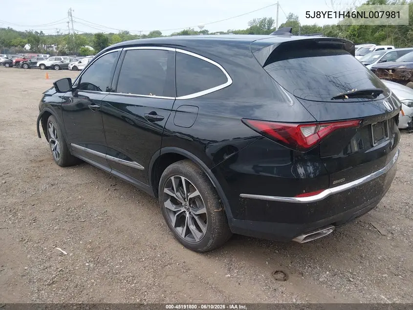2022 Acura Mdx Technology Package VIN: 5J8YE1H46NL007981 Lot: 45191800