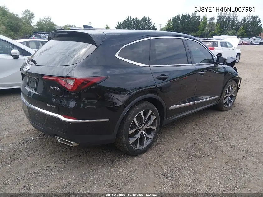 2022 Acura Mdx Technology Package VIN: 5J8YE1H46NL007981 Lot: 45191800
