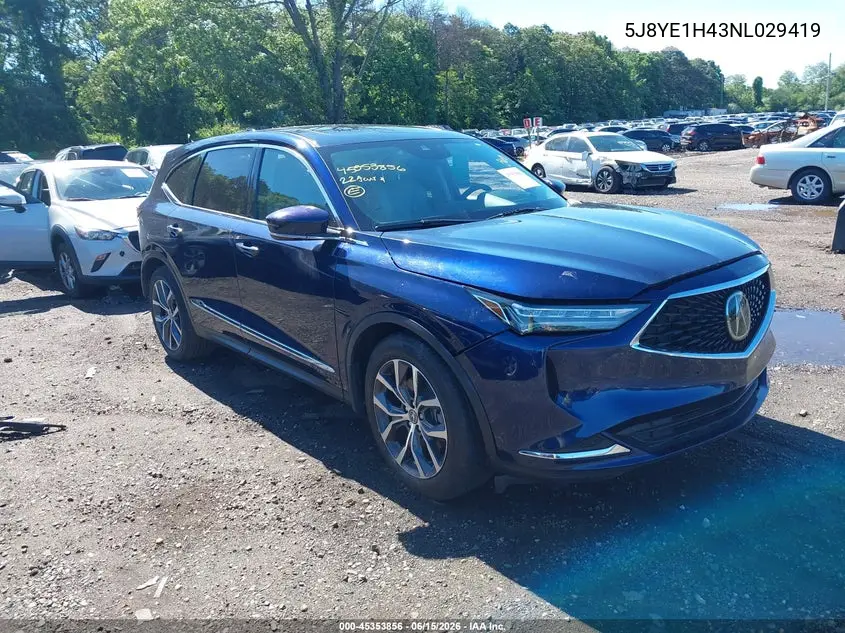 2022 Acura Mdx Technology Package VIN: 5J8YE1H43NL029419 Lot: 45353856