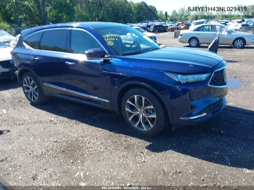2022 Acura Mdx Technology Package VIN: 5J8YE1H43NL029419 Lot: 45353856