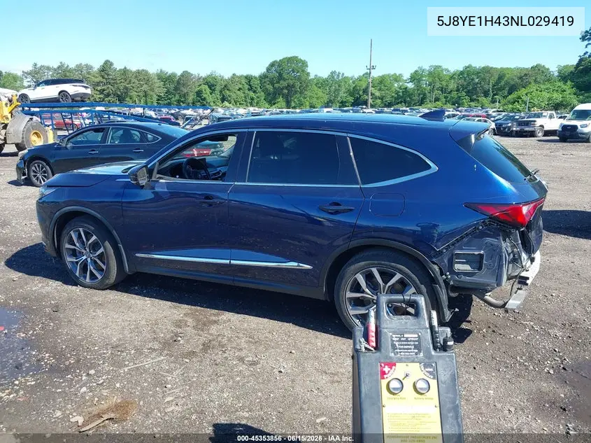 2022 Acura Mdx Technology Package VIN: 5J8YE1H43NL029419 Lot: 45353856