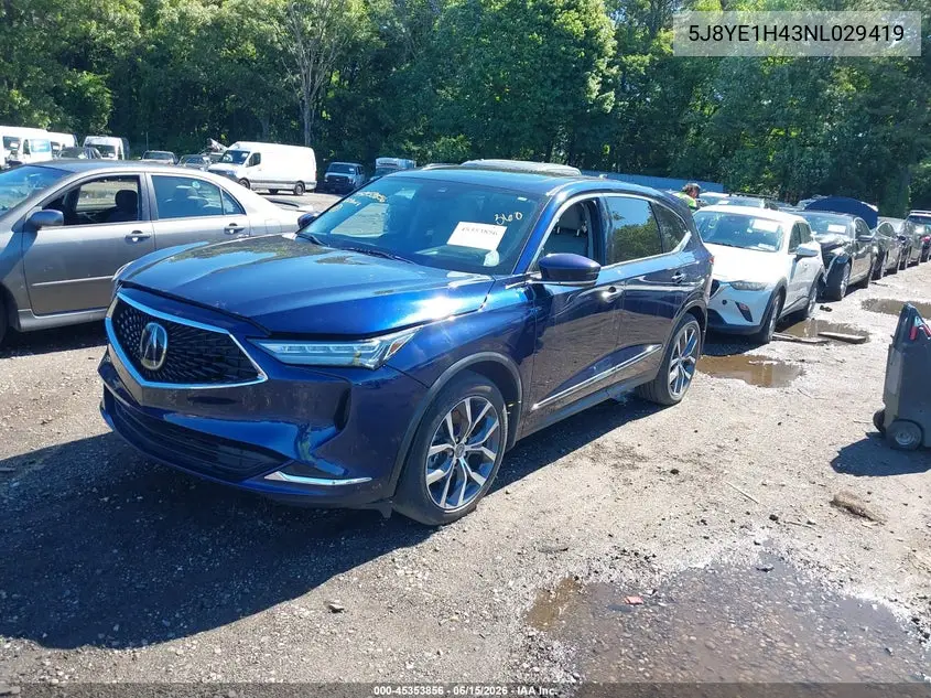 2022 Acura Mdx Technology Package VIN: 5J8YE1H43NL029419 Lot: 45353856