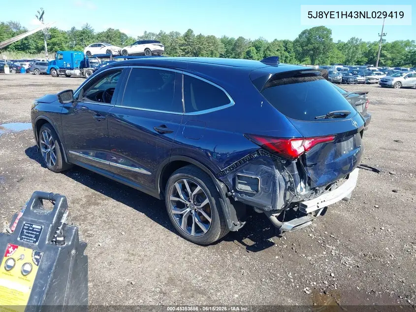 2022 Acura Mdx Technology Package VIN: 5J8YE1H43NL029419 Lot: 45353856