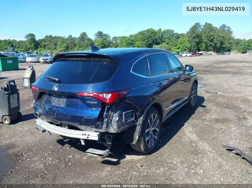 2022 Acura Mdx Technology Package VIN: 5J8YE1H43NL029419 Lot: 45353856