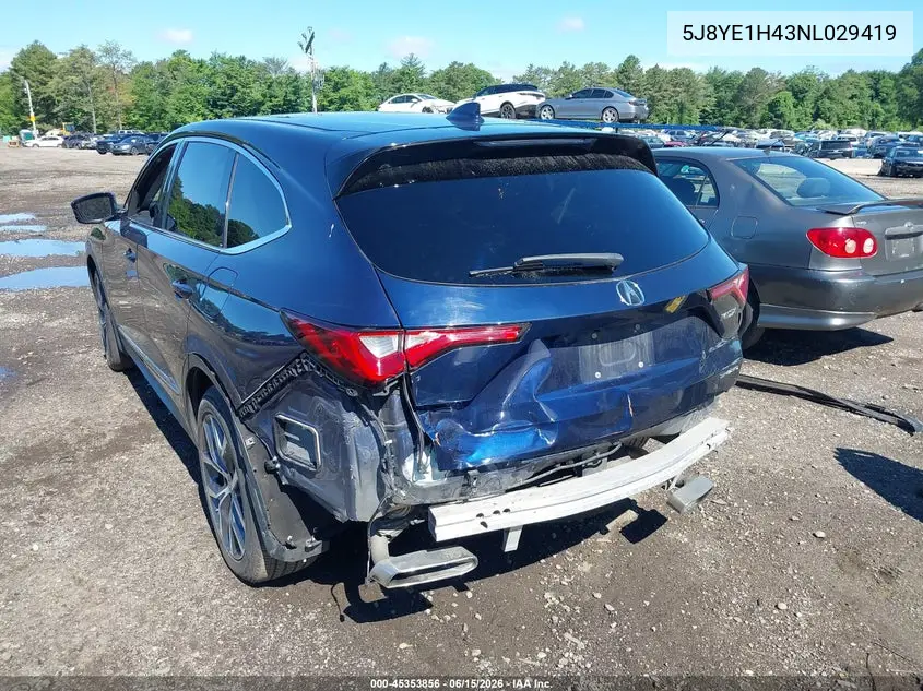 2022 Acura Mdx Technology Package VIN: 5J8YE1H43NL029419 Lot: 45353856