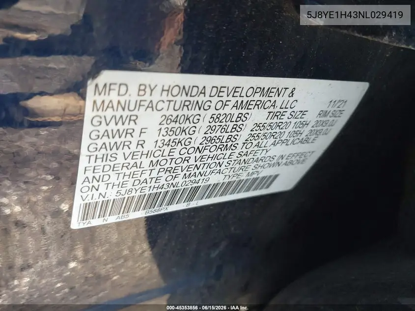 2022 Acura Mdx Technology Package VIN: 5J8YE1H43NL029419 Lot: 45353856