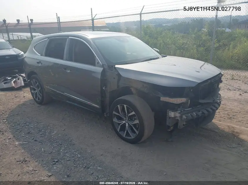 2022 Acura Mdx Technology Package VIN: 5J8YE1H45NL027798 Lot: 45646248