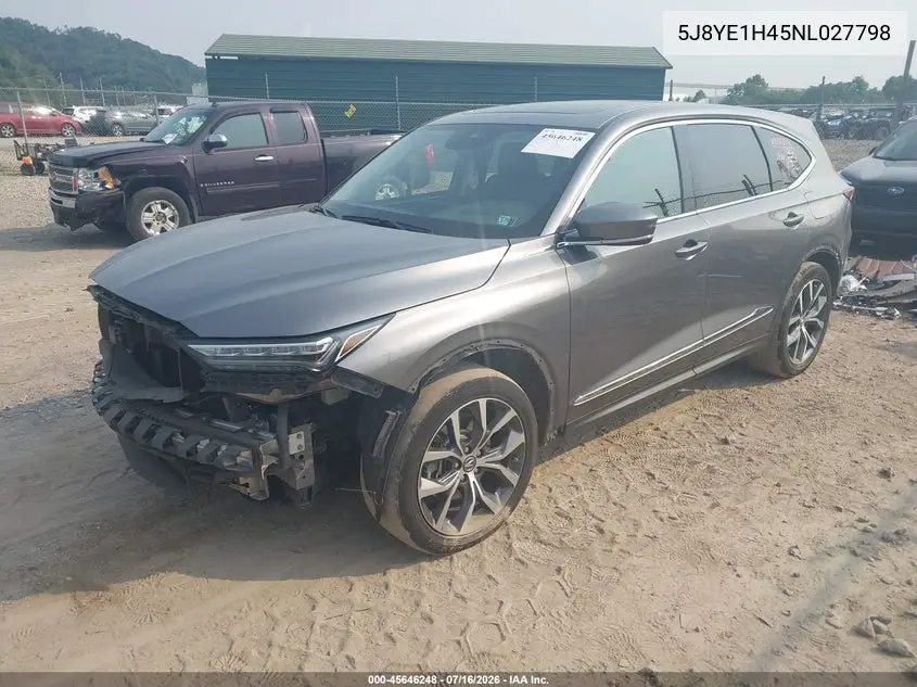 2022 Acura Mdx Technology Package VIN: 5J8YE1H45NL027798 Lot: 45646248