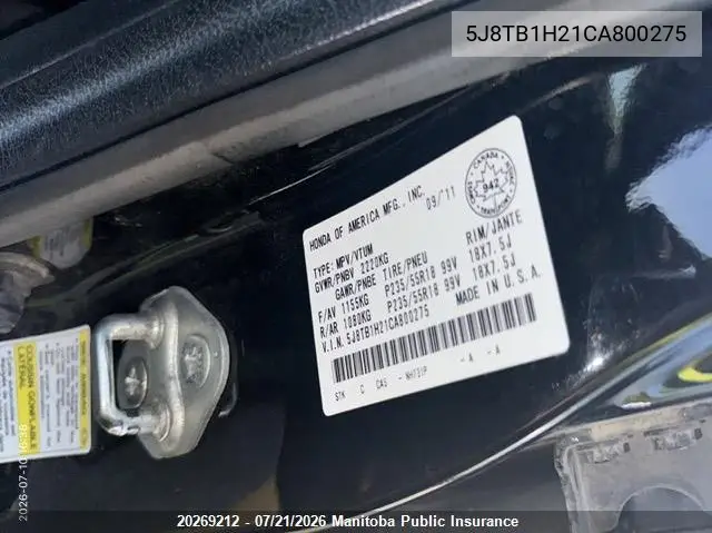 2012 Acura Rdx VIN: 5J8TB1H21CA800275 Lot: 20269212