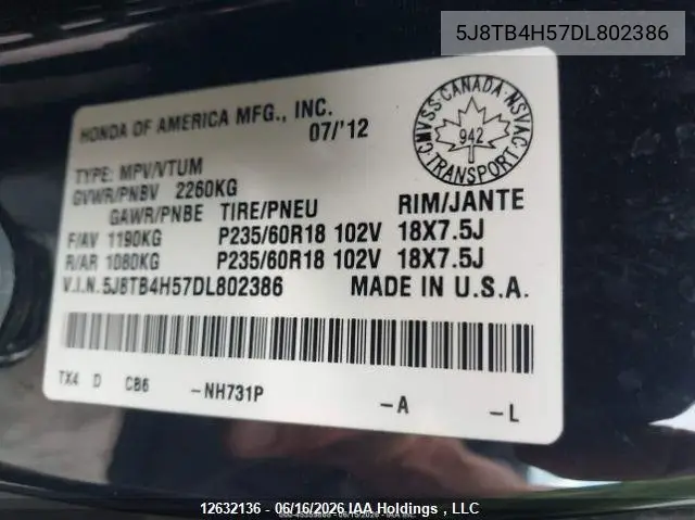 2013 Acura Rdx Technology VIN: 5J8TB4H57DL802386 Lot: 12632136