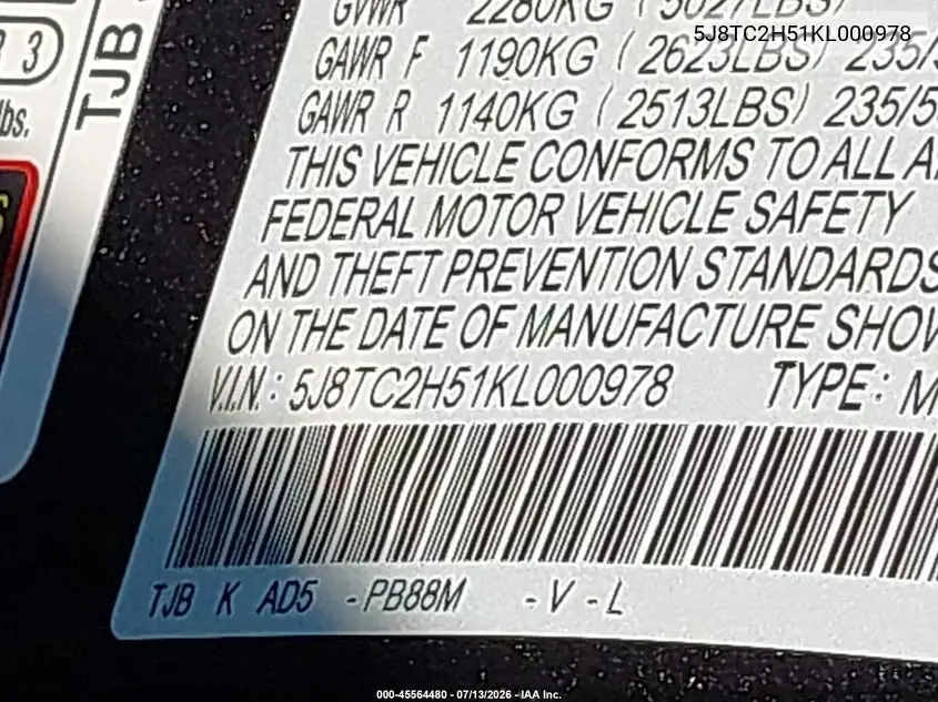 2019 Acura Rdx Technology Package VIN: 5J8TC2H51KL000978 Lot: 45564480