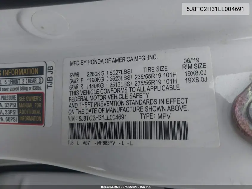 2020 Acura Rdx Standard VIN: 5J8TC2H31LL004691 Lot: 45543978